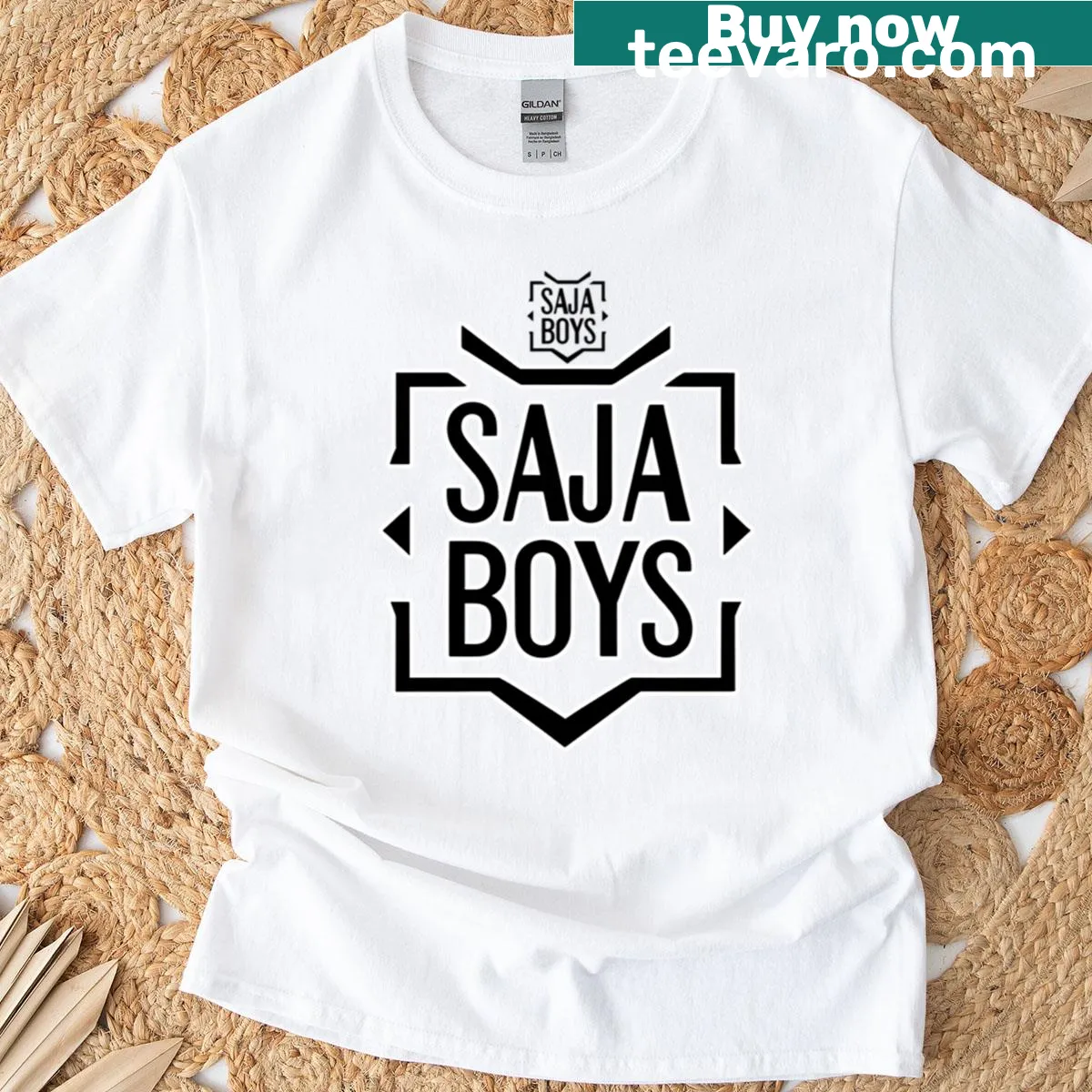 T-shirt featuring a unique Saja Boys design with artistic elements — on a men's t-shirt