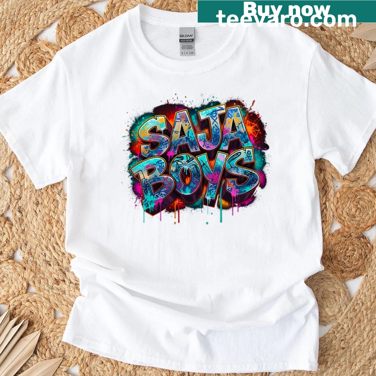 T-shirt featuring dynamic 3D graffiti design inspired by street art. — on a men's t-shirt