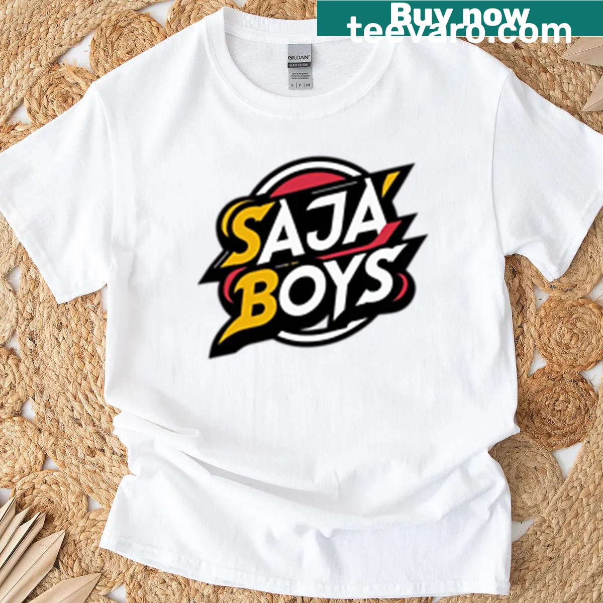 Saja Boys Logo T-shirt with minimalist design showcasing group emblem — on a men's t-shirt