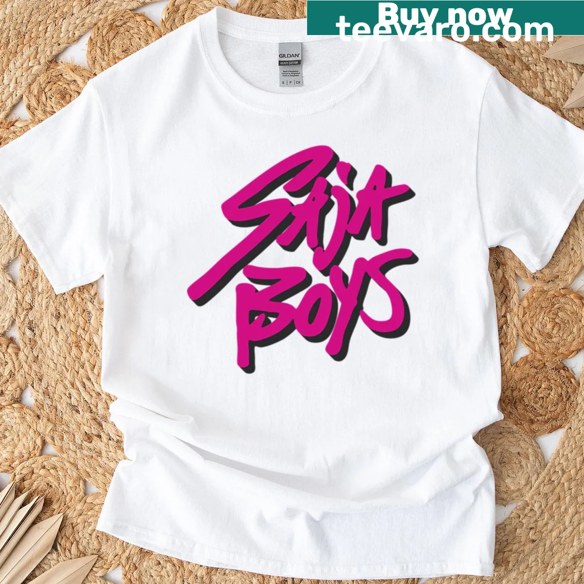 T-shirt with Saja Boys logo sticker design and black shadow — on a men's t-shirt
