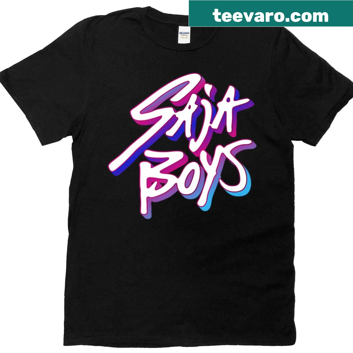 Saja Boys logo sticker design with neon gradient shadow — on a men's t-shirt