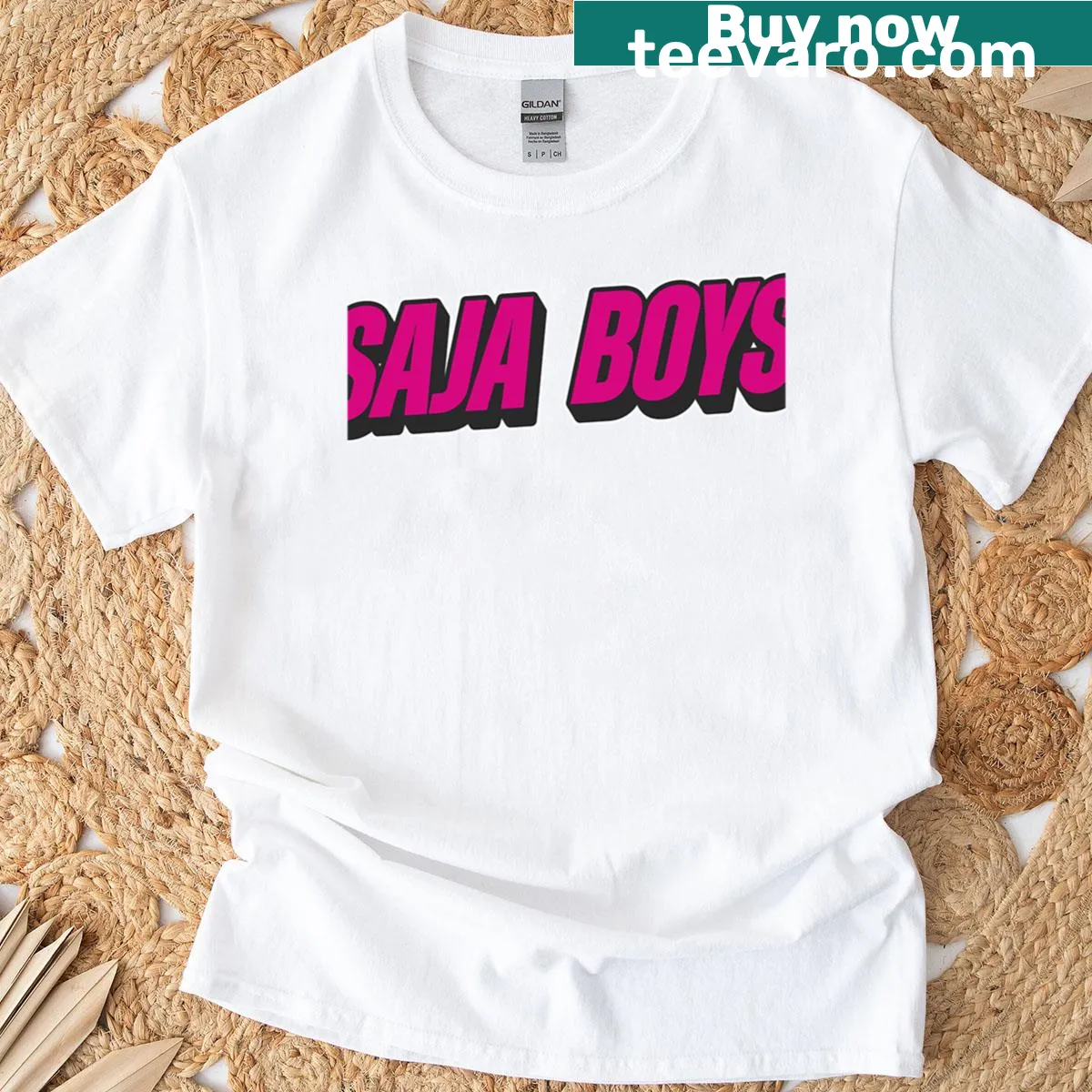 Oversized T-shirt with name sticker design and black shadow — on a men's t-shirt