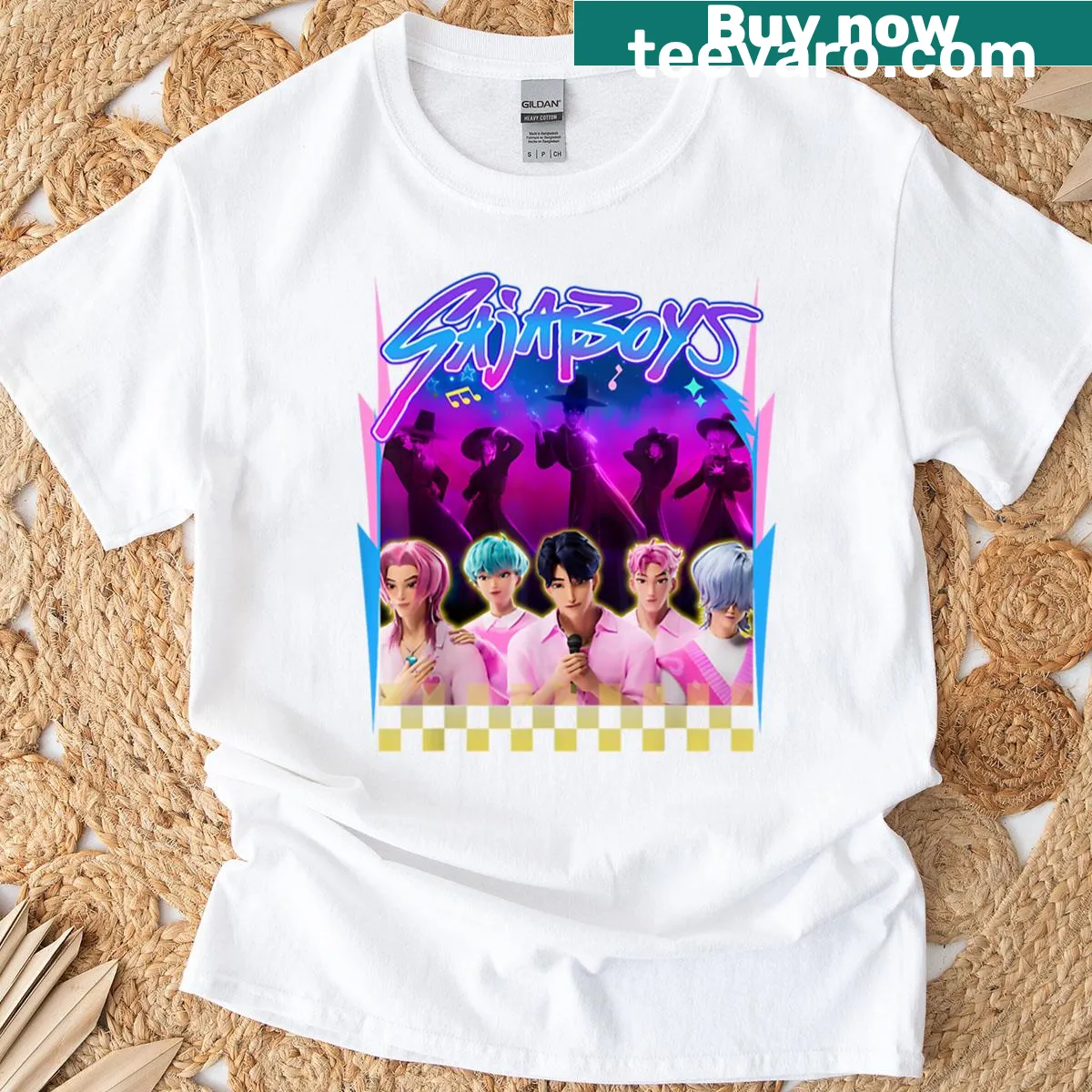 Officially licensed T-shirt featuring Saja Boys logo — on a men's t-shirt
