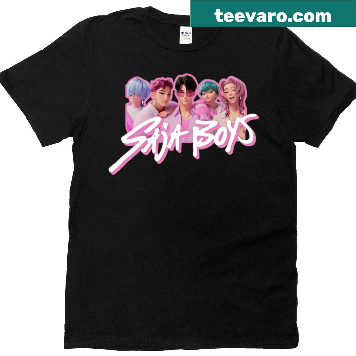 T-shirt featuring Saja Boys logo in a sticker design — on a men's t-shirt