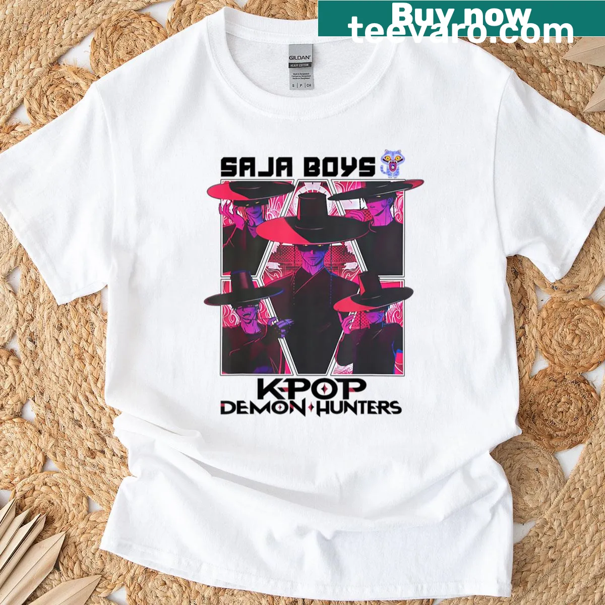 Illustrated T-shirt featuring Saja Boys from K-pop with a demon-hunting theme. — on a men's t-shirt