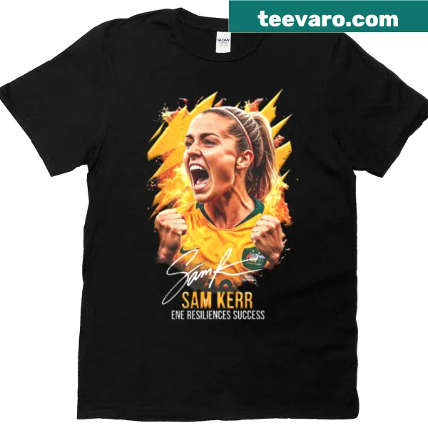 Illustration of Sam Kerr on an oversized soccer-themed T-shirt