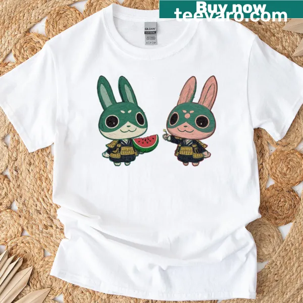 Oversized T-shirt featuring samurai bunnies with watermelon