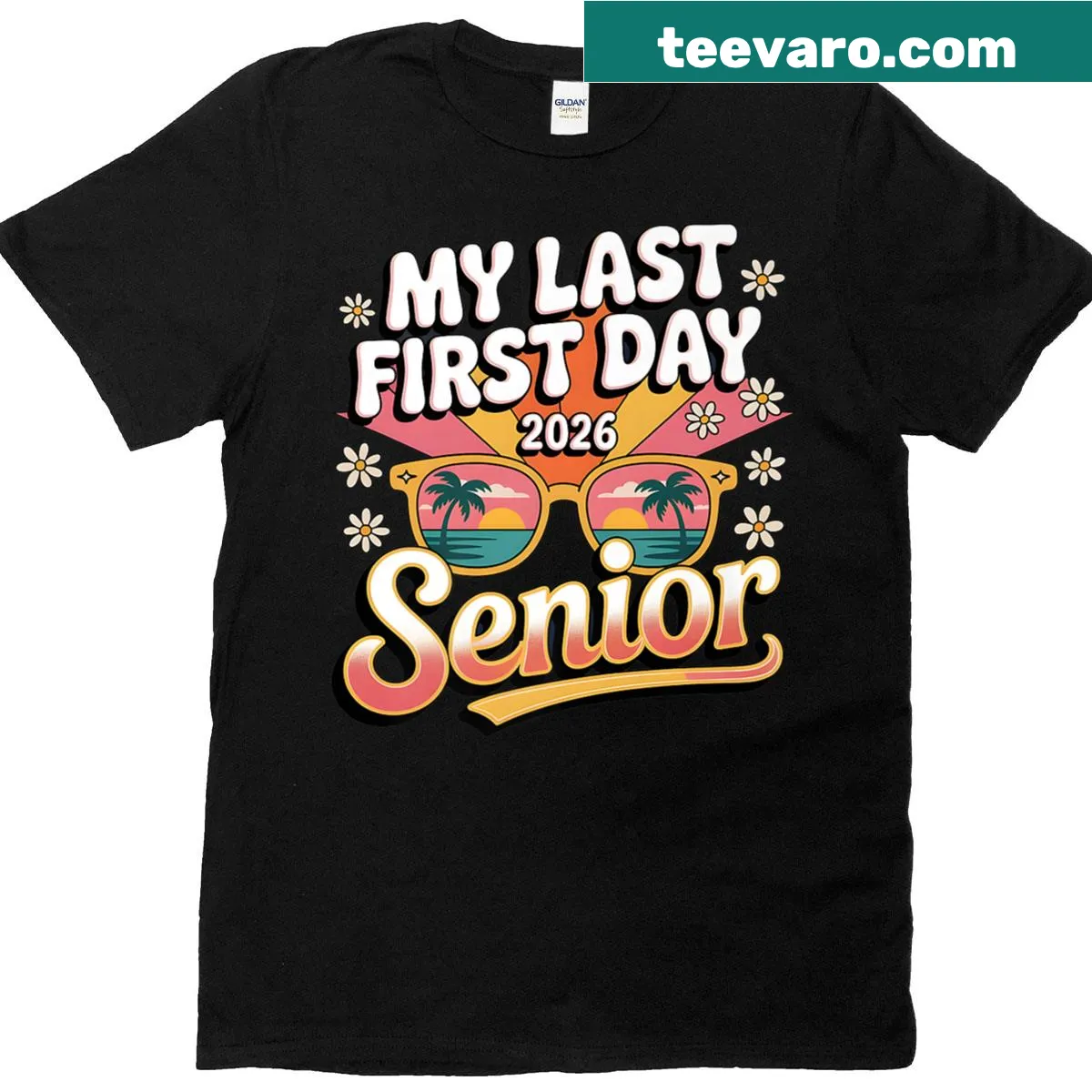 Retro sunset design T-shirt for Senior 2026 with nostalgic text — on a men's t-shirt
