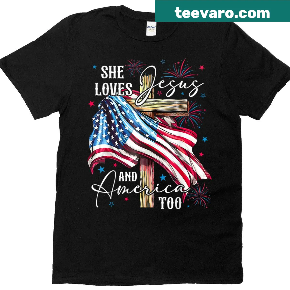 Patriotic T-shirt featuring Jesus and American flag graphics — on a men's t-shirt