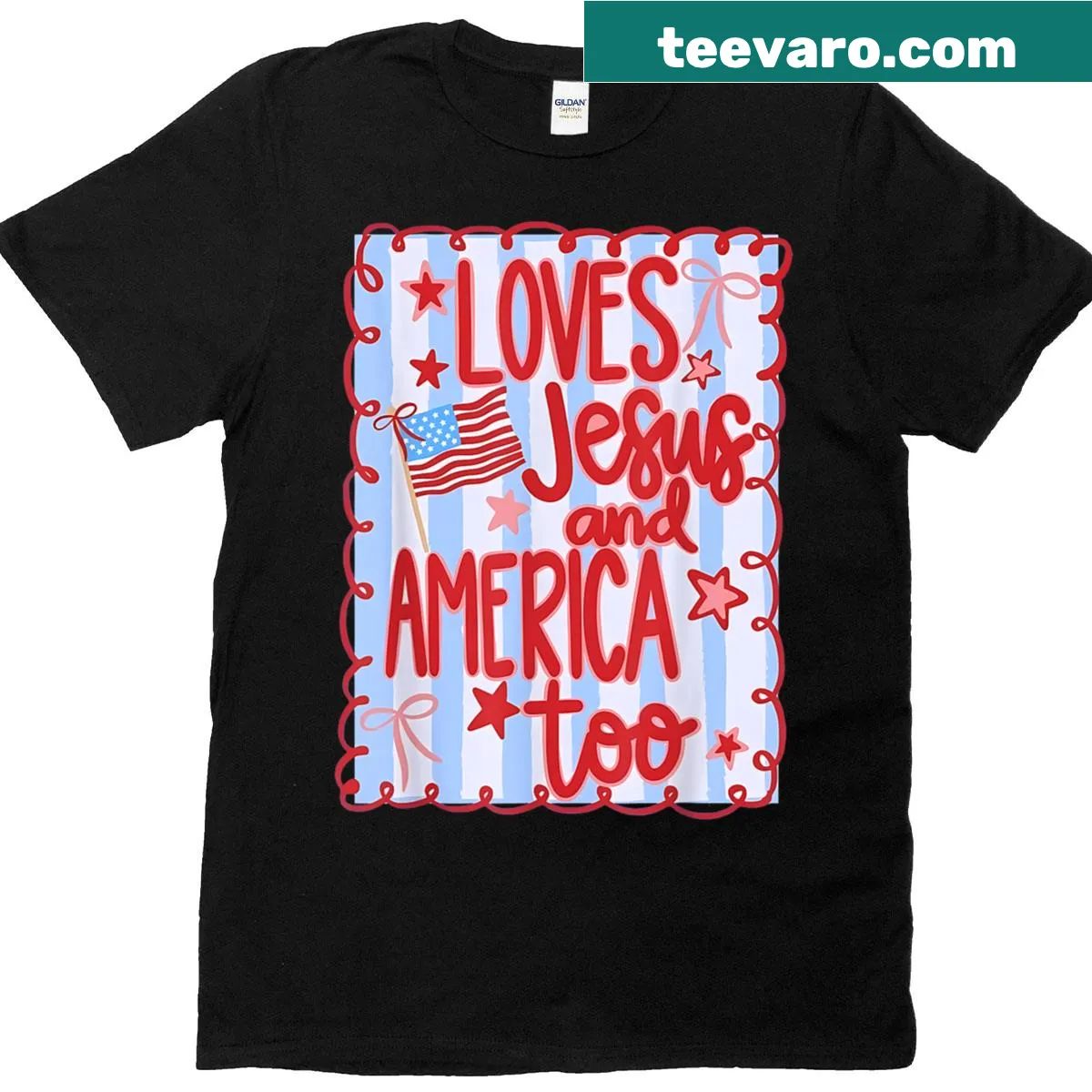 Fourth of July T-shirt with Jesus and patriotic symbols for independence celebrations — on a men's t-shirt