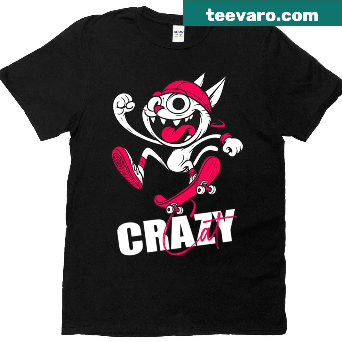 Playful skateboarding cat graphic on tee — on a men's t-shirt