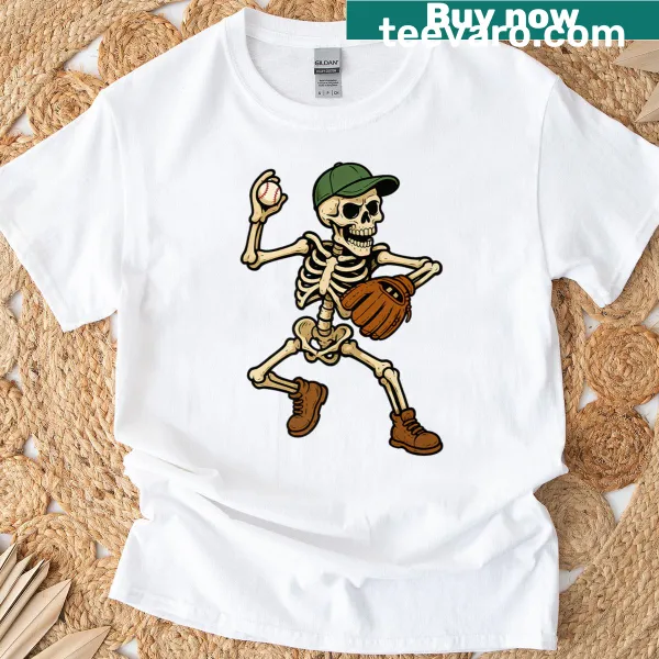 T-shirt featuring a skeleton playing baseball for Halloween