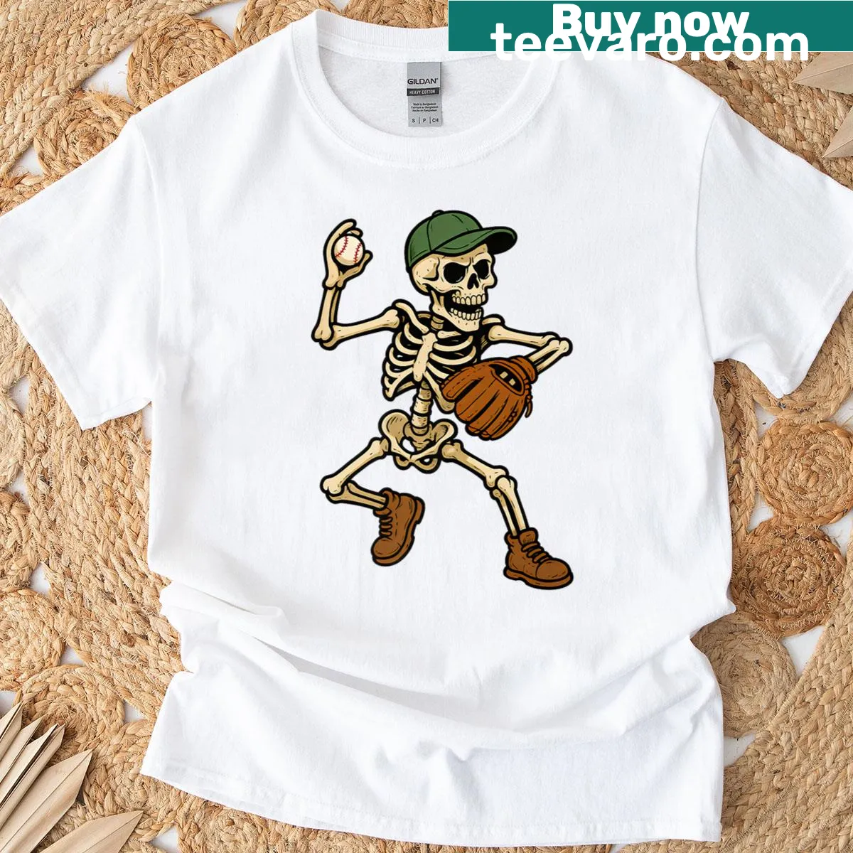 T-shirt featuring a skeleton playing baseball for Halloween — on a men's t-shirt