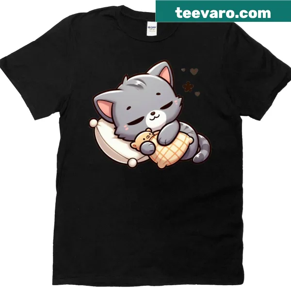 Cute cartoon kitten wrapped in a blanket on a t-shirt