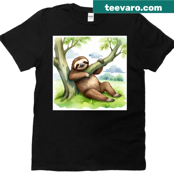 Illustration of a sloth relaxing under a tree on a T-shirt