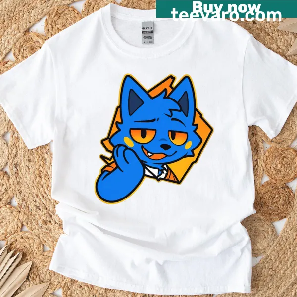 Illustration of a sly blue cat on a premium t-shirt.