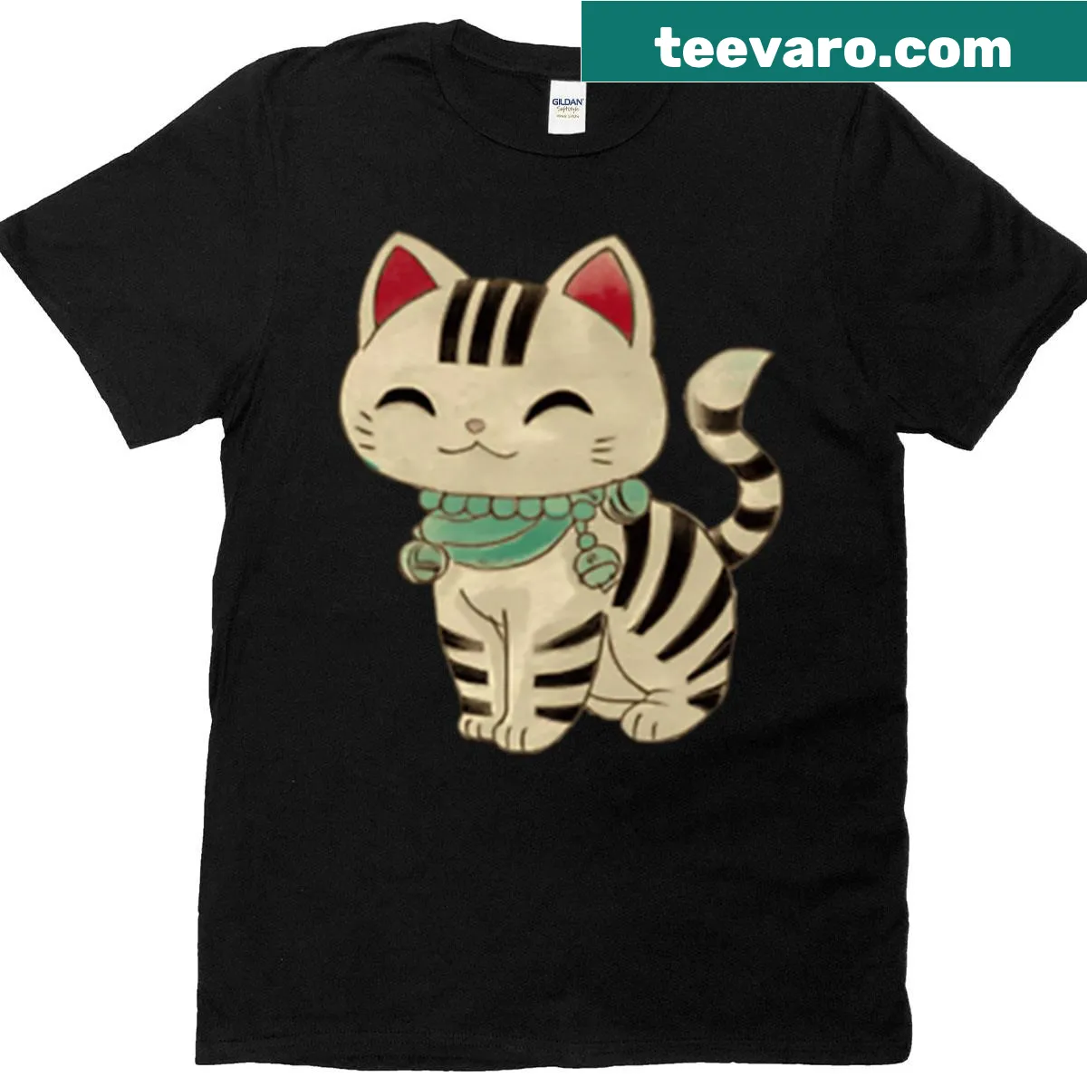 Oversized T-shirt with smiling lucky cat and teal bells illustration — on a men's t-shirt