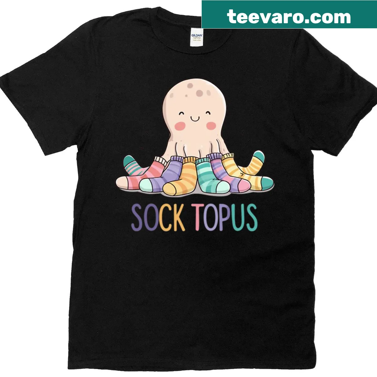 Cartoon octopus wearing colorful socks for kids' t-shirt — on a men's t-shirt