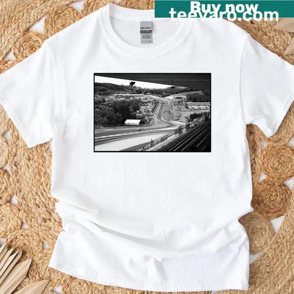 Monochrome silhouette of Spa-Francorchamps race circuit on a t-shirt.
