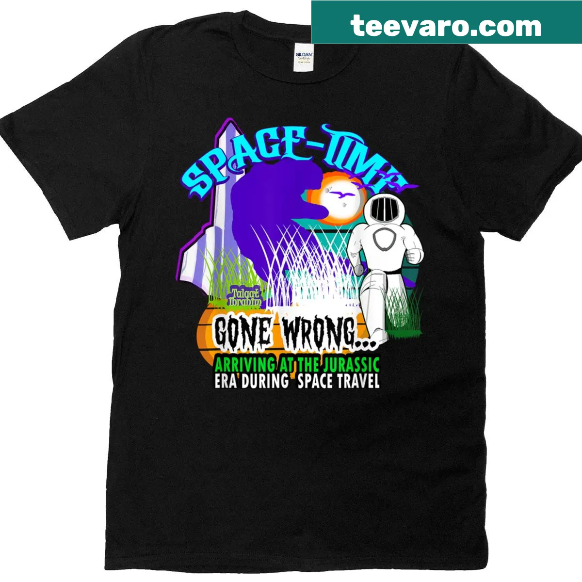 Playful sci-fi themed t-shirt with a humorous phrase about time travel — on a men's t-shirt
