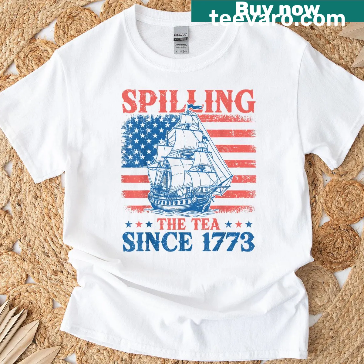 Vintage-style history teacher t-shirt with 'Spilling The Tea Since 1773' text — on a men's t-shirt