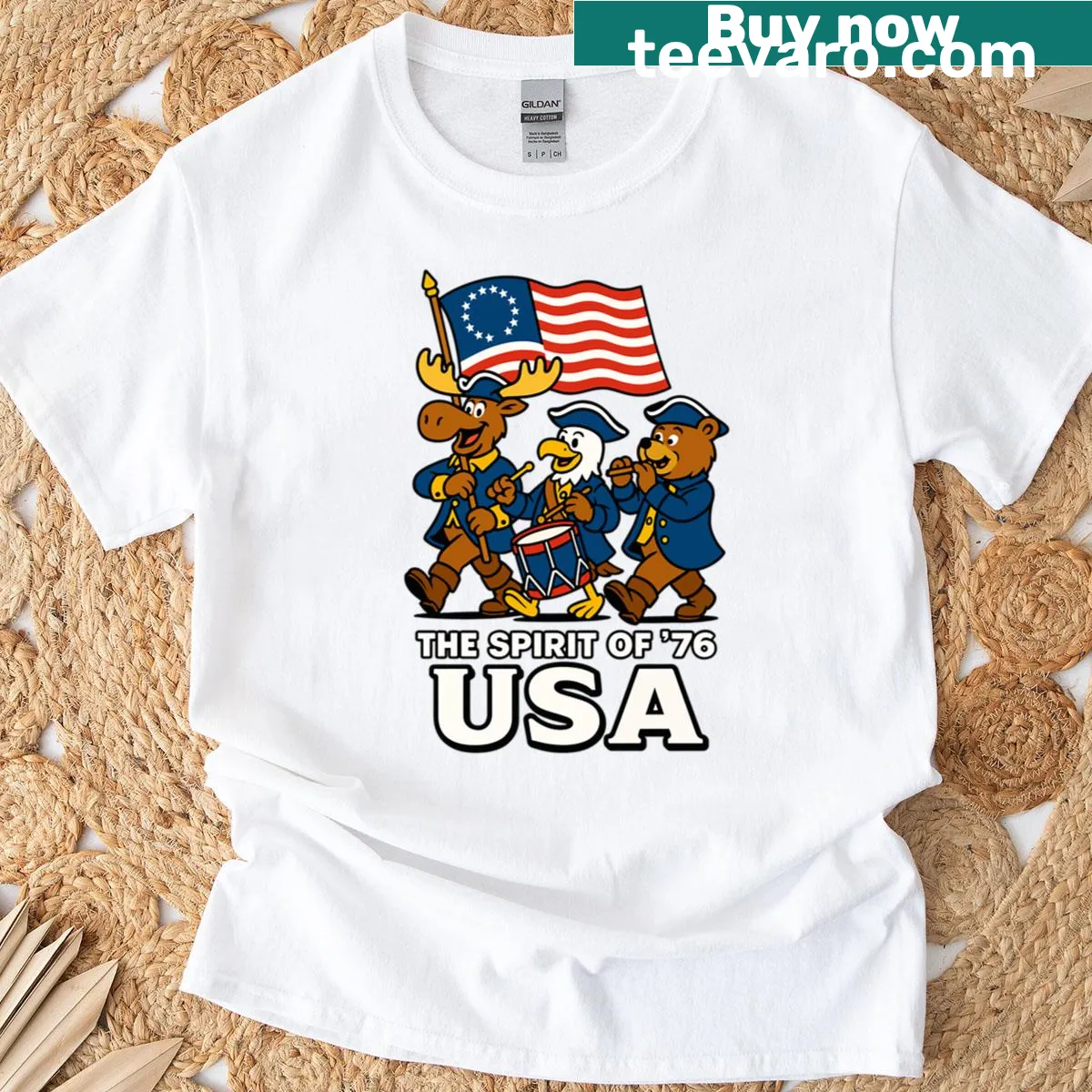 Cute vintage-style T-shirt featuring a moose, eagle, bear, and Betsy Ross flag — on a men's t-shirt