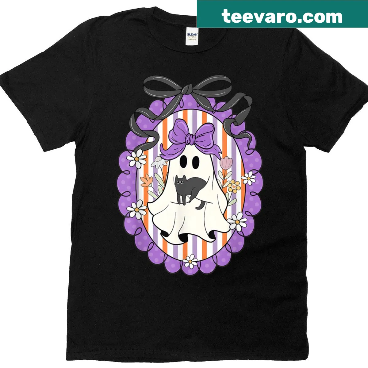 Halloween t-shirt with a ghost holding a black cat and floral design — on a men's t-shirt