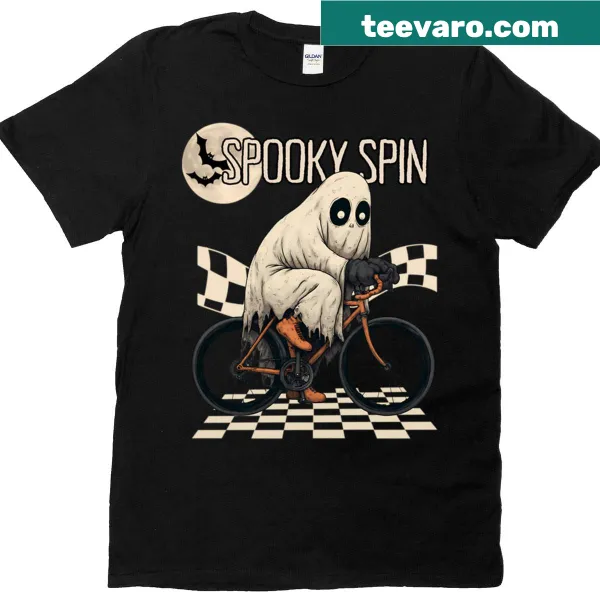 Whimsical Halloween t-shirt featuring a ghost riding a bicycle