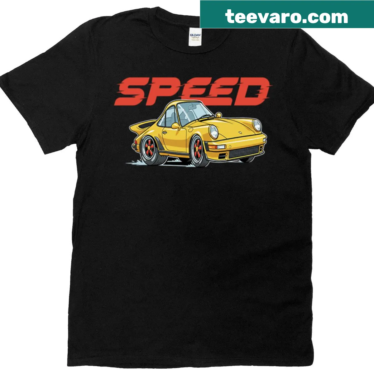 Cartoon-style T-shirt featuring a caricature of a sports car — on a men's t-shirt