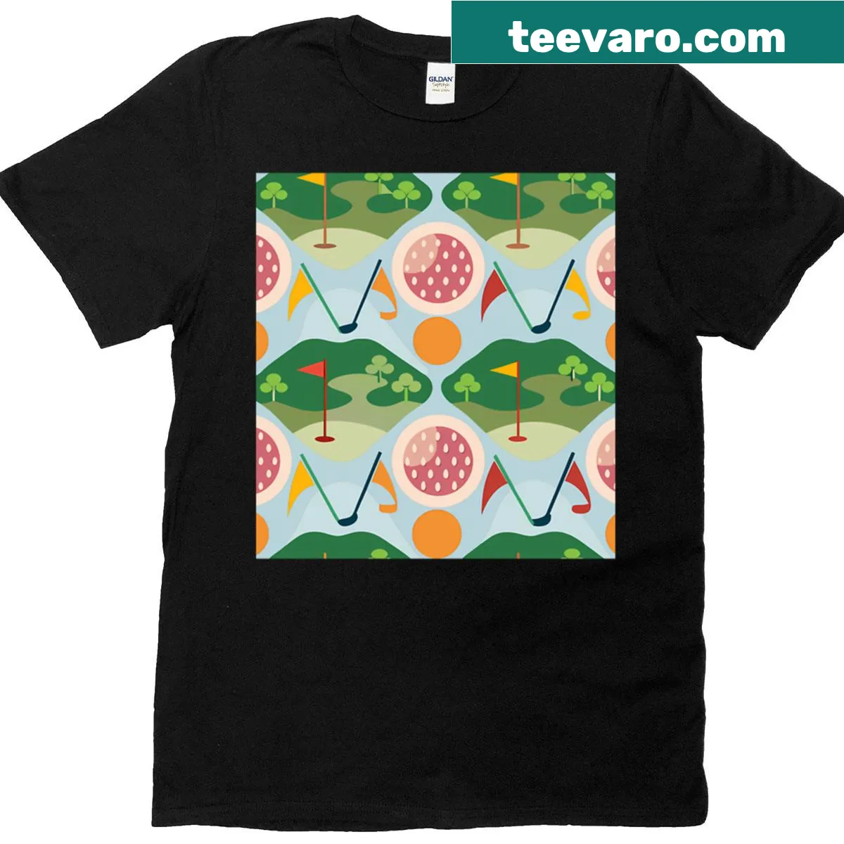Illustrative t-shirt featuring golf greens with fun patterns — on a men's t-shirt