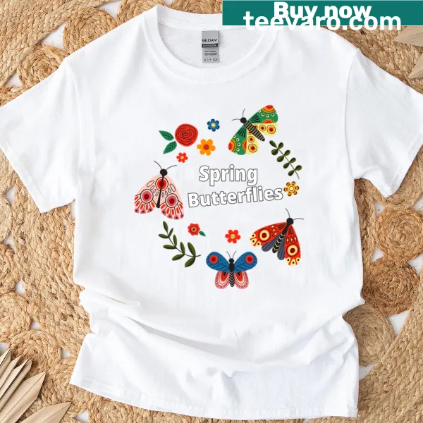 T-shirt featuring an illustration of spring butterflies