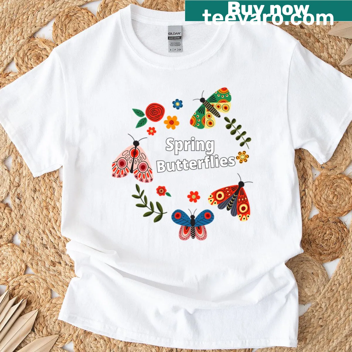 T-shirt featuring an illustration of spring butterflies — on a men's t-shirt