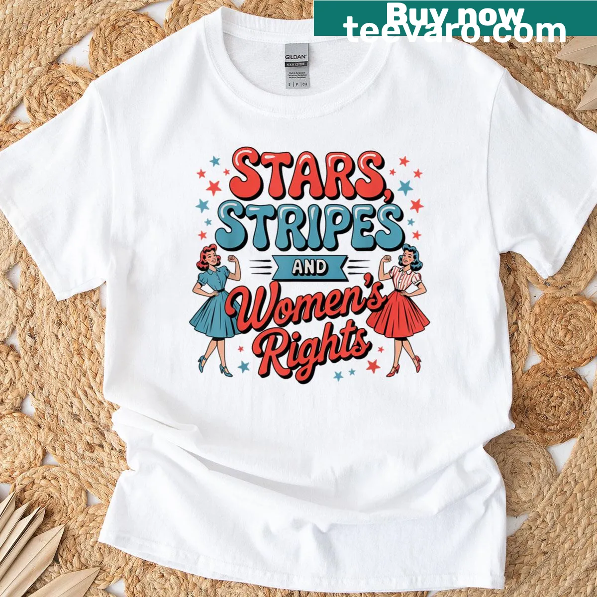 T-shirt featuring US flag and 'Stars Stripes And Women Rights' text — on a men's t-shirt
