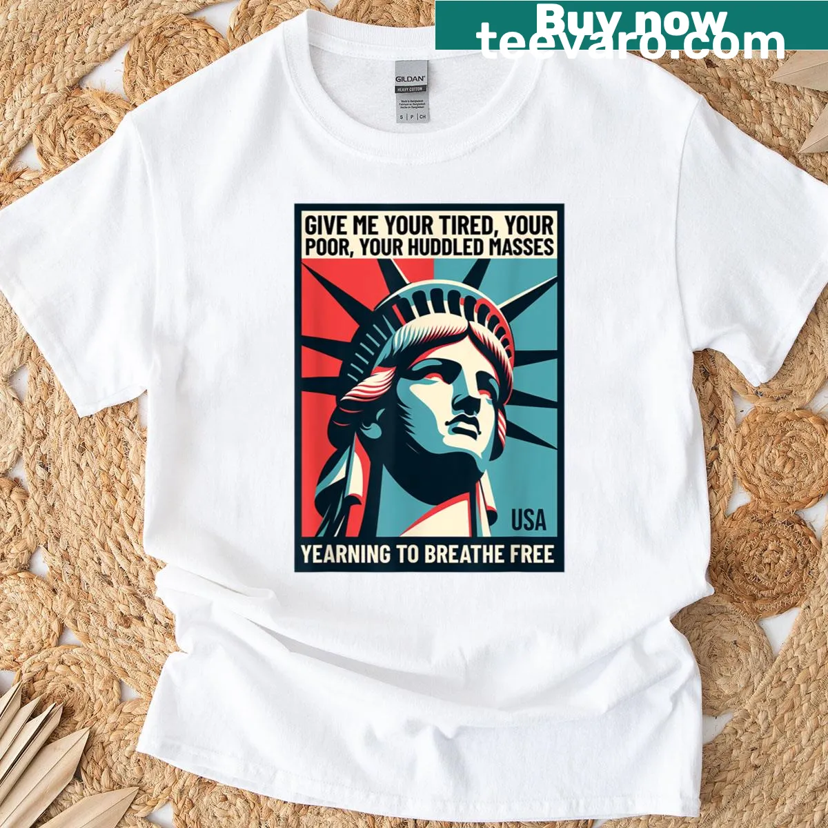 T-shirt featuring the Statue of Liberty and 'Yearning To Breathe Free' text — on a men's t-shirt