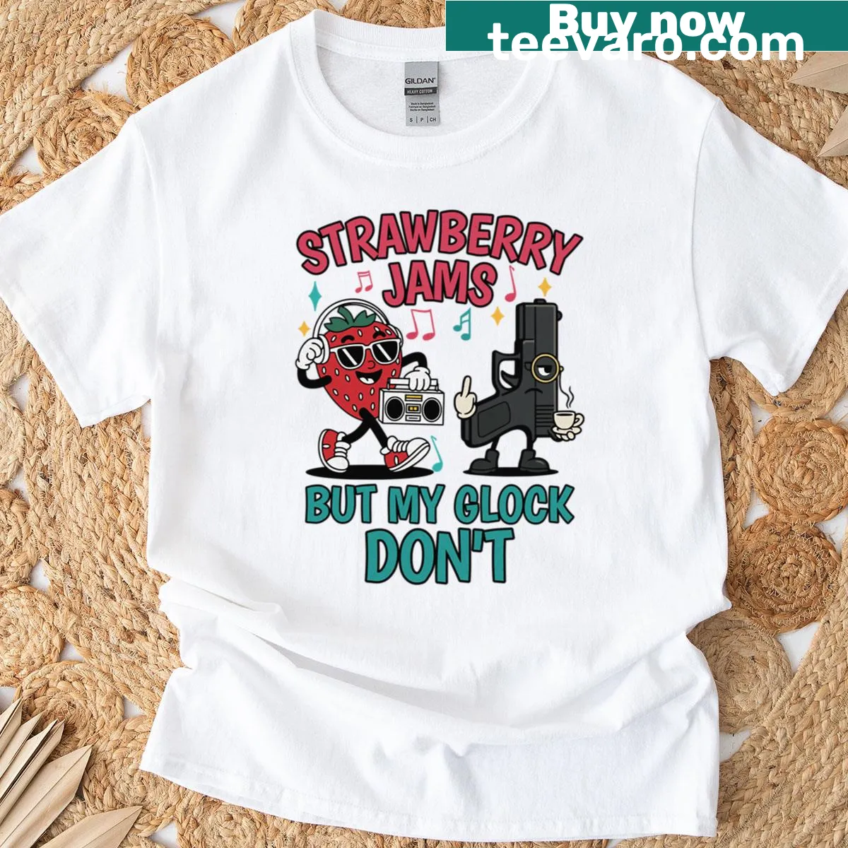 Bold typography t-shirt with strawberry jams and Glock text — on a men's t-shirt