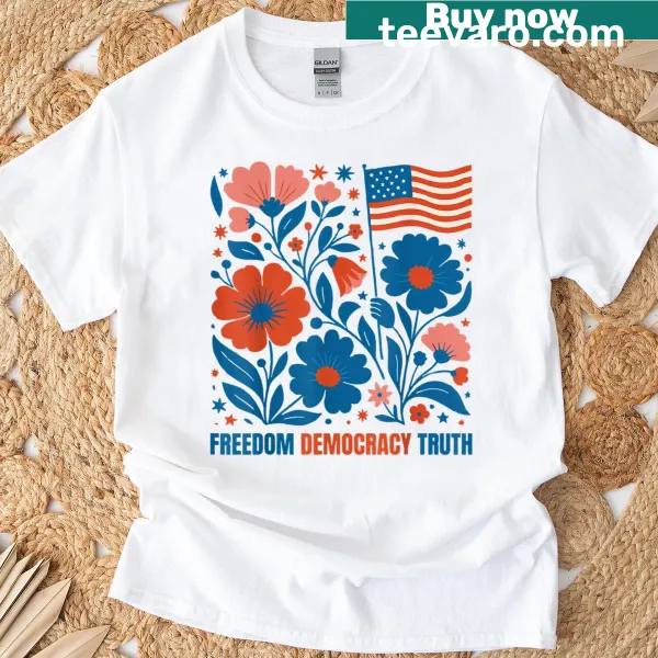 Boho floral 4th of July t-shirt with freedom and democracy text