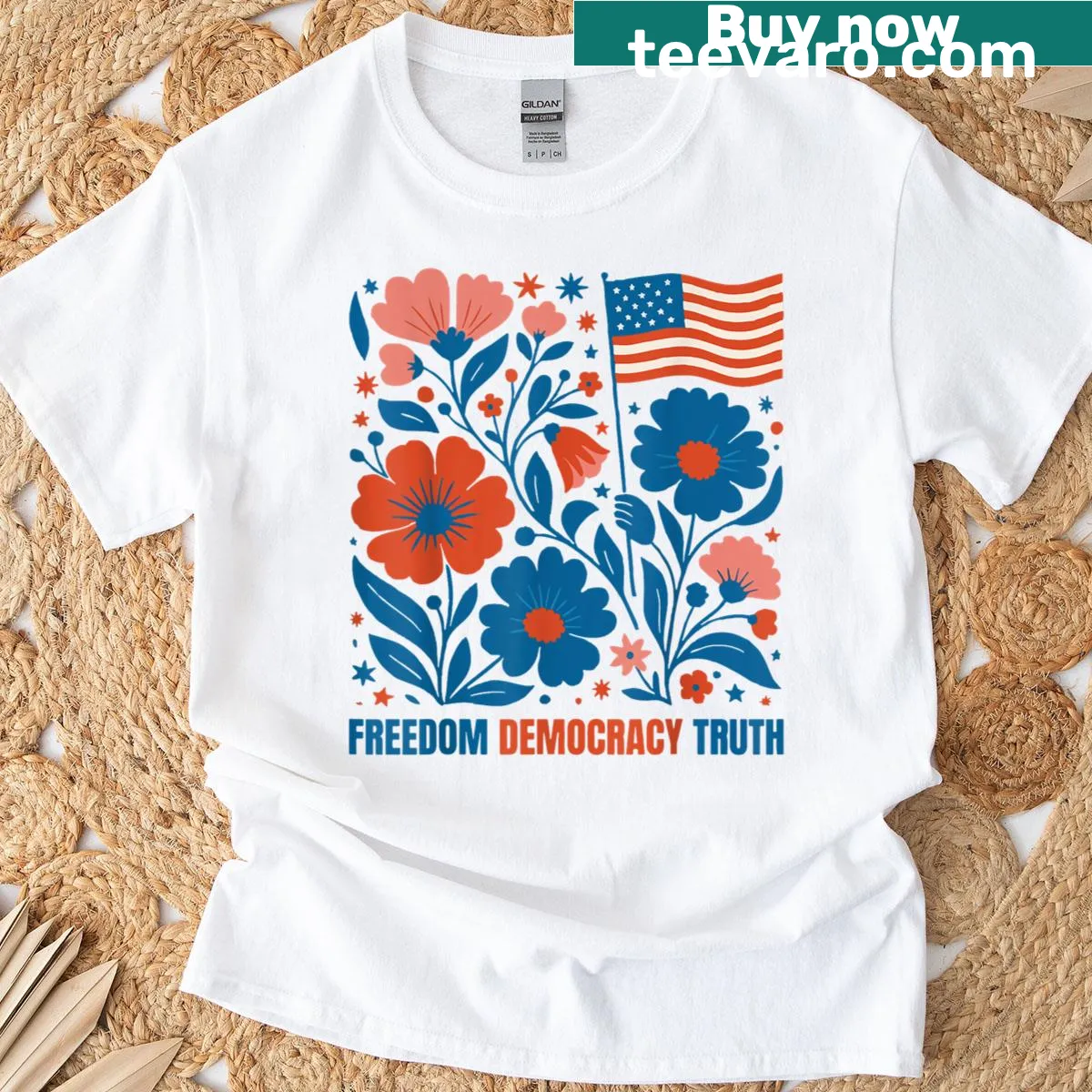 Boho floral 4th of July t-shirt with freedom and democracy text — on a men's t-shirt
