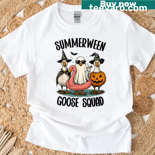 Funny Halloween Pool Party t-shirt with cartoon goose squad
