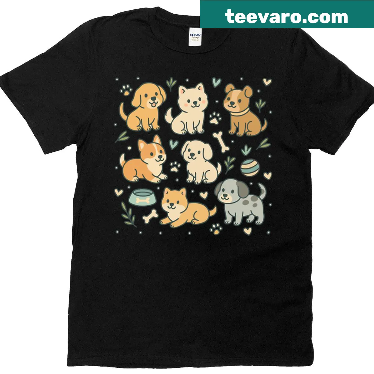 Cute dog pattern shirt with adorable puppy illustrations — on a men's t-shirt