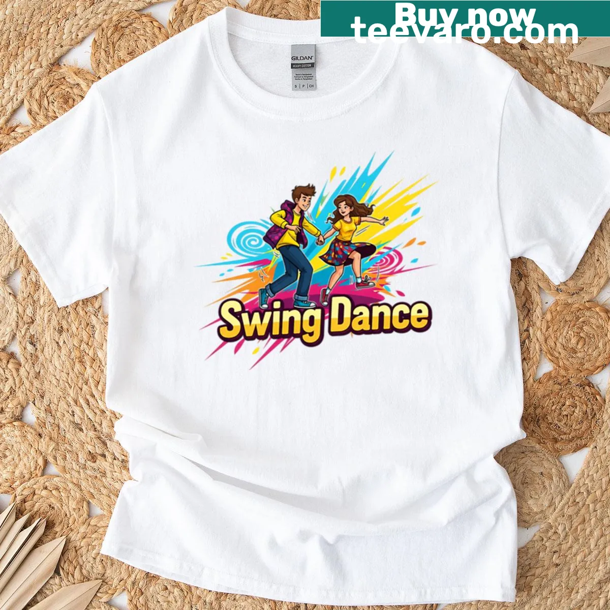 Cartoon illustration T-shirt featuring swing dancers — on a men's t-shirt