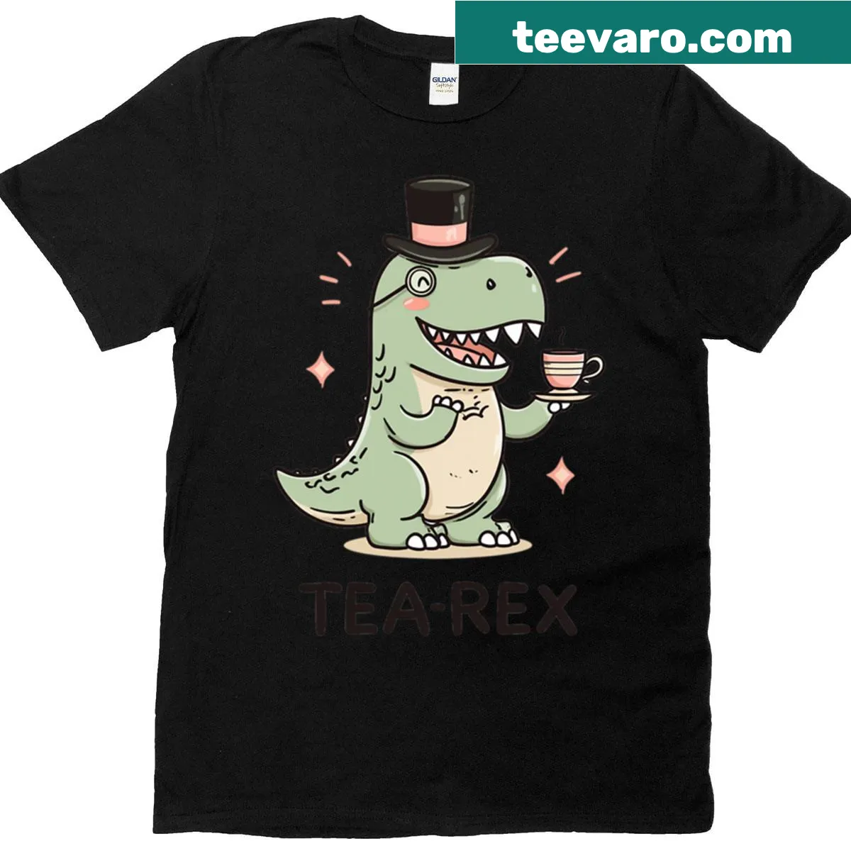 Dapper dinosaur T-rex sipping tea with playful text — on a men's t-shirt