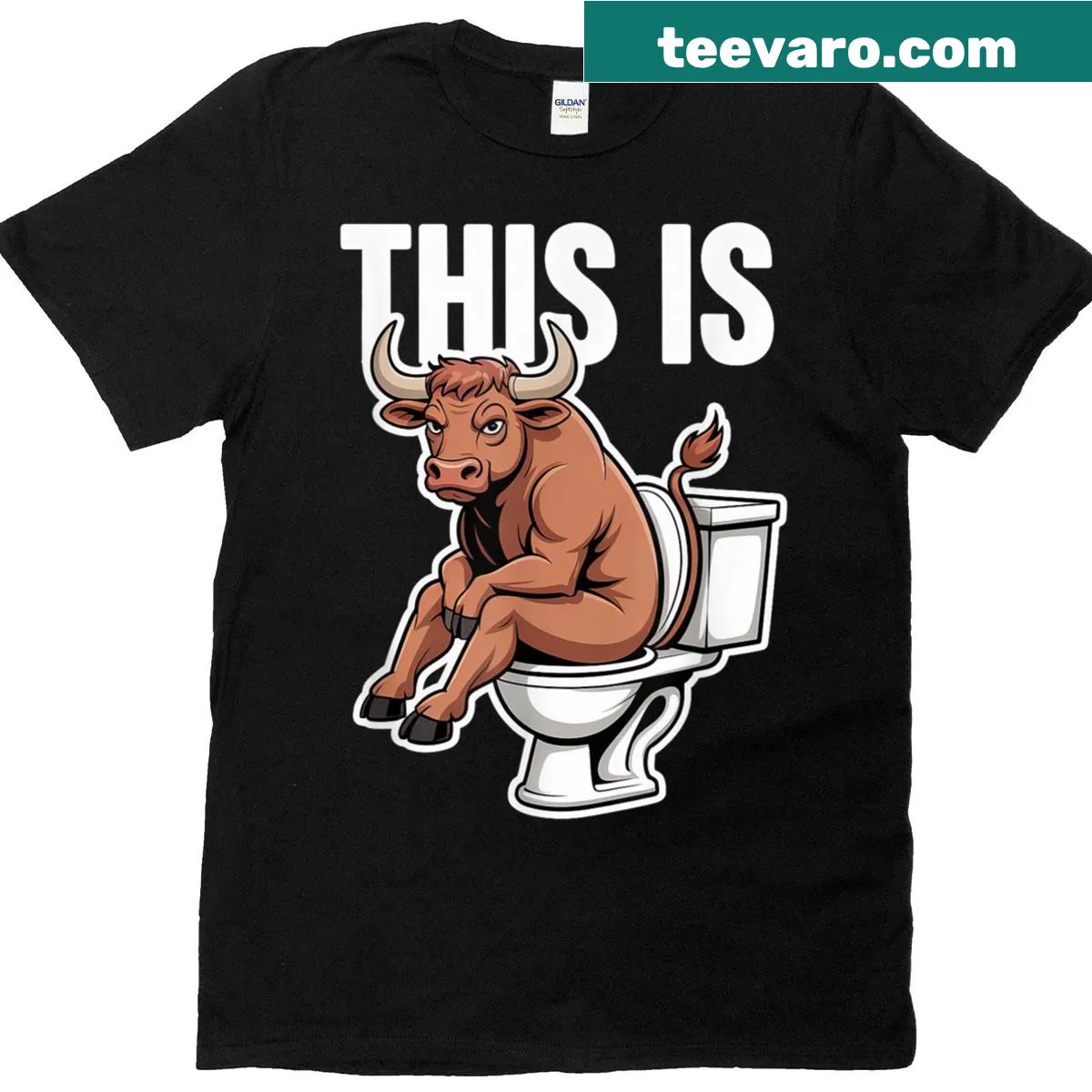 Funny cow sitting on a toilet graphic for humor lovers — on a men's t-shirt