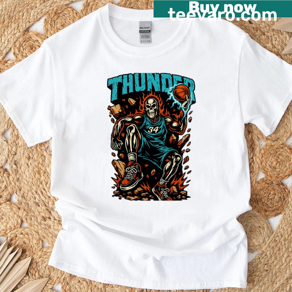 Dynamic illustration of a fiery skull with a basketball, representing power — on a men's t-shirt