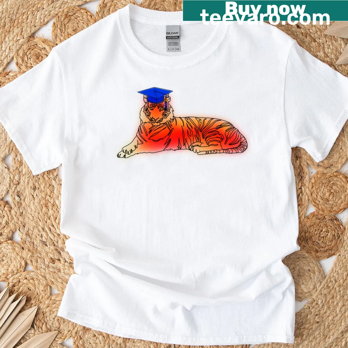 Cute illustration of a tiger wearing a graduation cap — on a men's t-shirt
