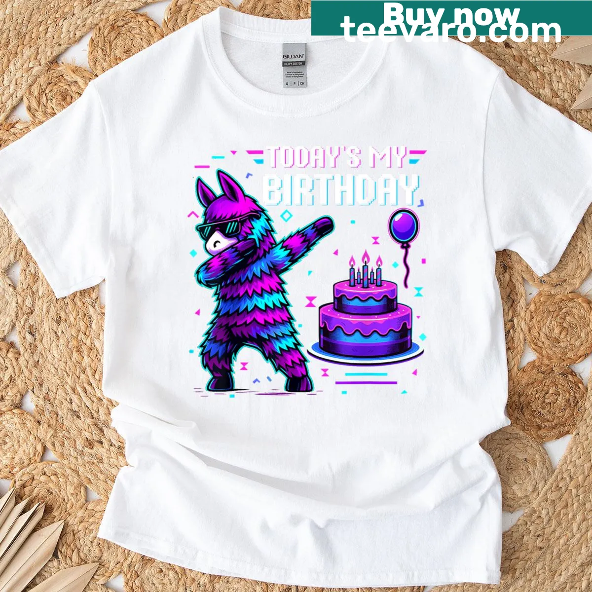 Llama piñata birthday T-shirt for kids featuring festive design — on a men's t-shirt