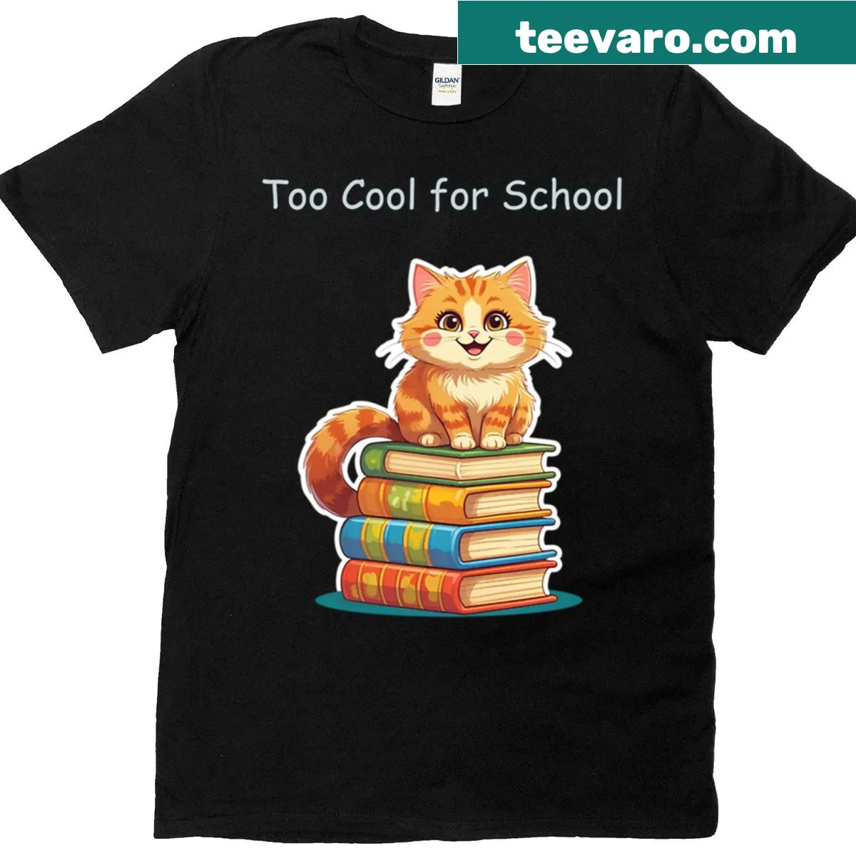 Cartoon cat on books design with 'Too Cool For School' text — on a men's t-shirt