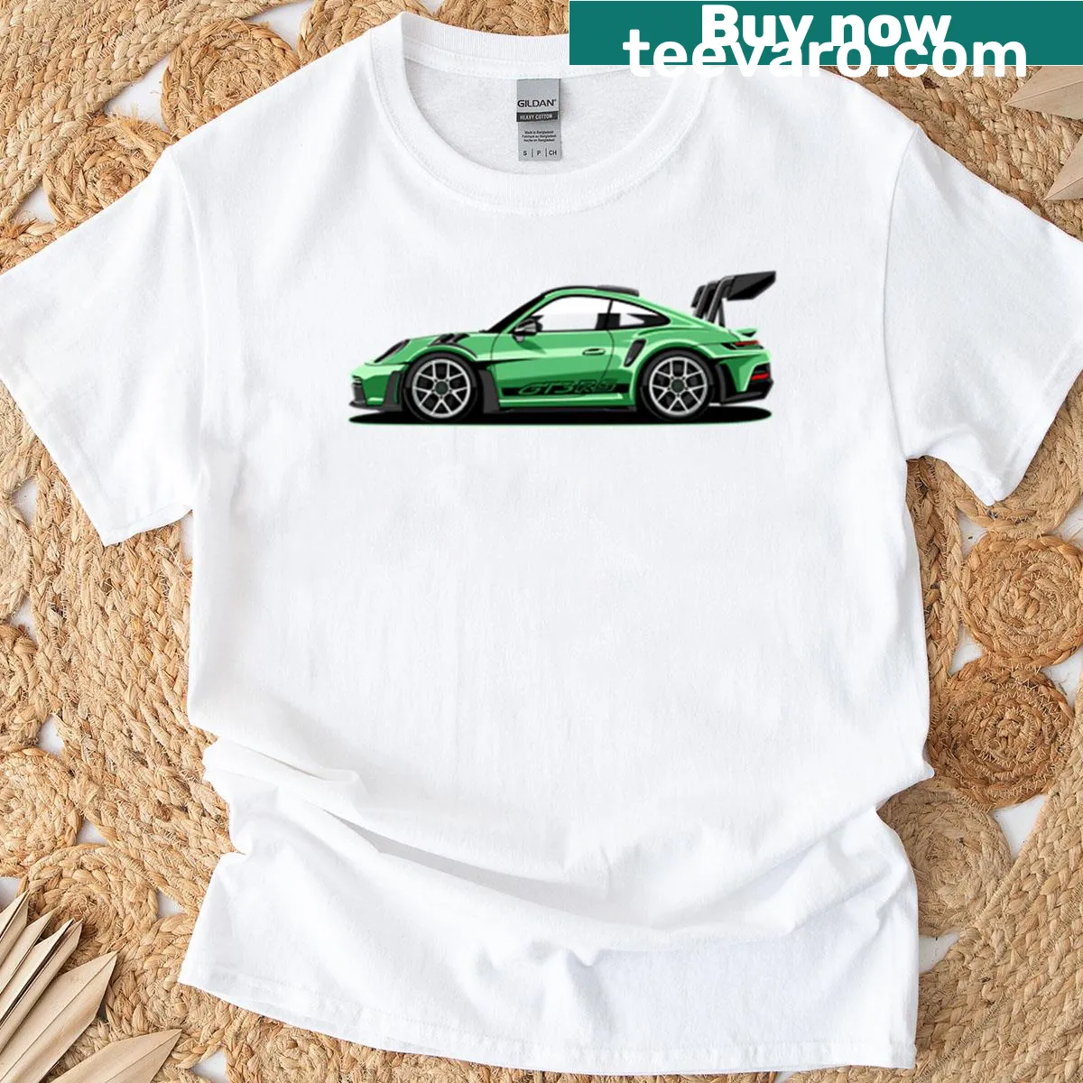 Illustrated T-shirt featuring a sports car design of 911 GT3 RS. — on a men's t-shirt