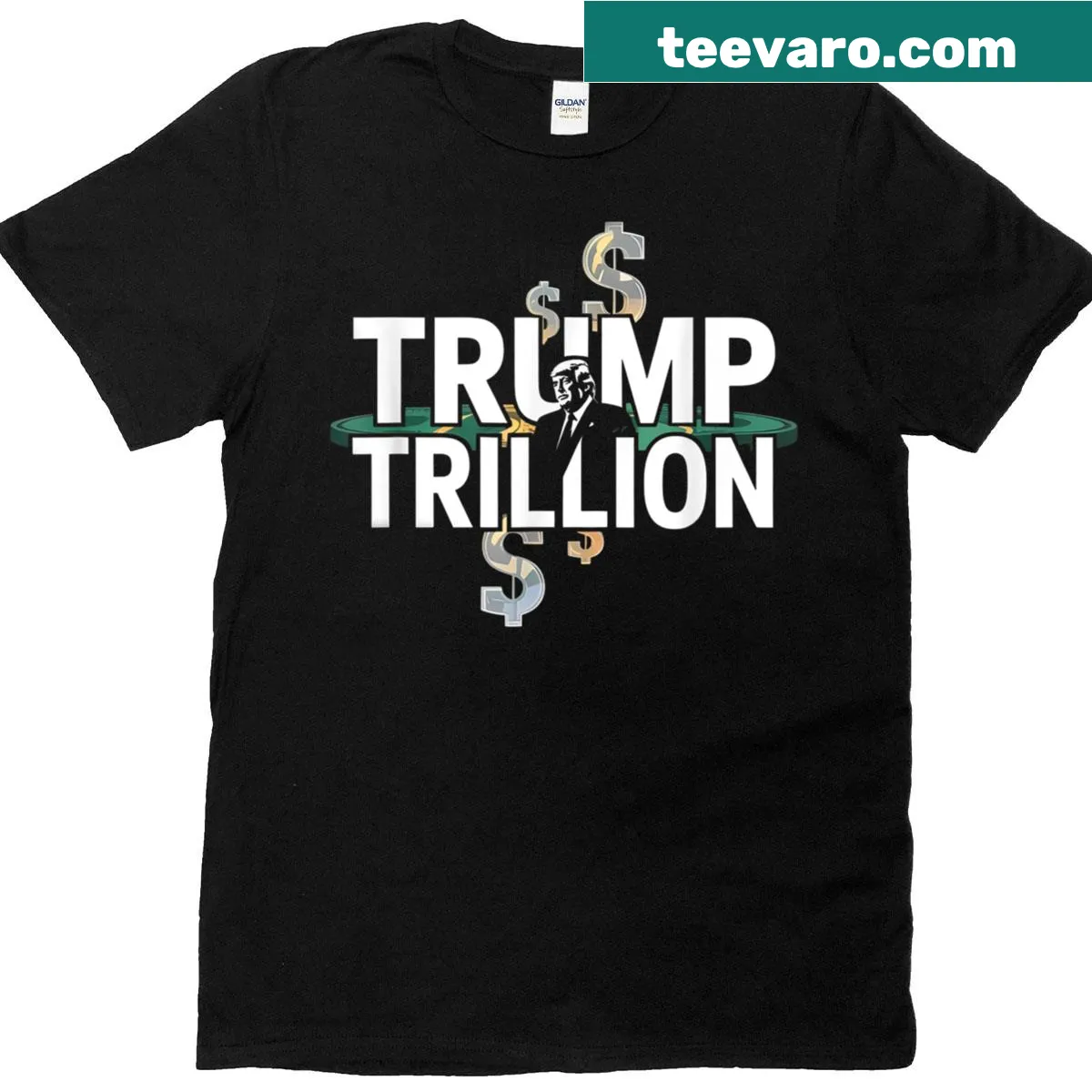 Graphic of Trump with dollar signs on a political t-shirt — on a men's t-shirt