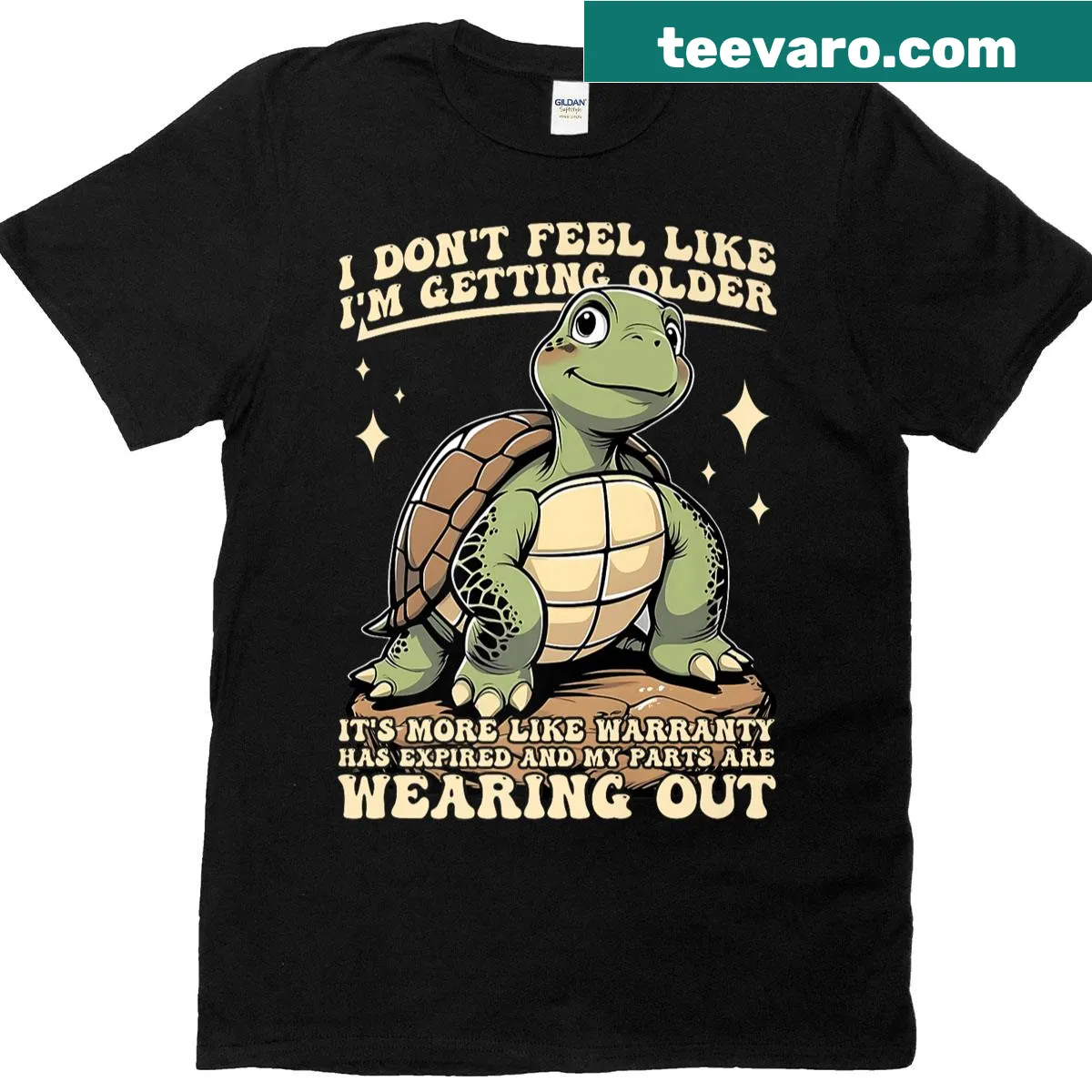 Funny turtle warranty joke t-shirt about aging and humor — on a men's t-shirt