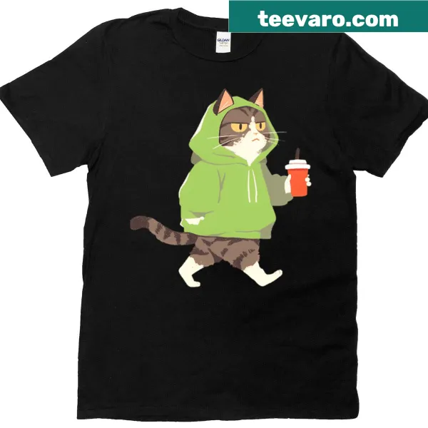 T-shirt featuring an illustration of an urban tabby cat with bubble tea